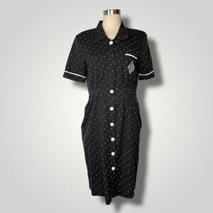 Vintage 1980s does 1940s Shirt Dress Black White Polka Dot IFI Medium Knee